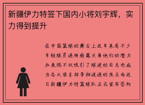 新疆伊力特签下国内小将刘宇辉，实力得到提升