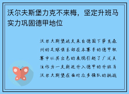 沃尔夫斯堡力克不来梅，坚定升班马实力巩固德甲地位